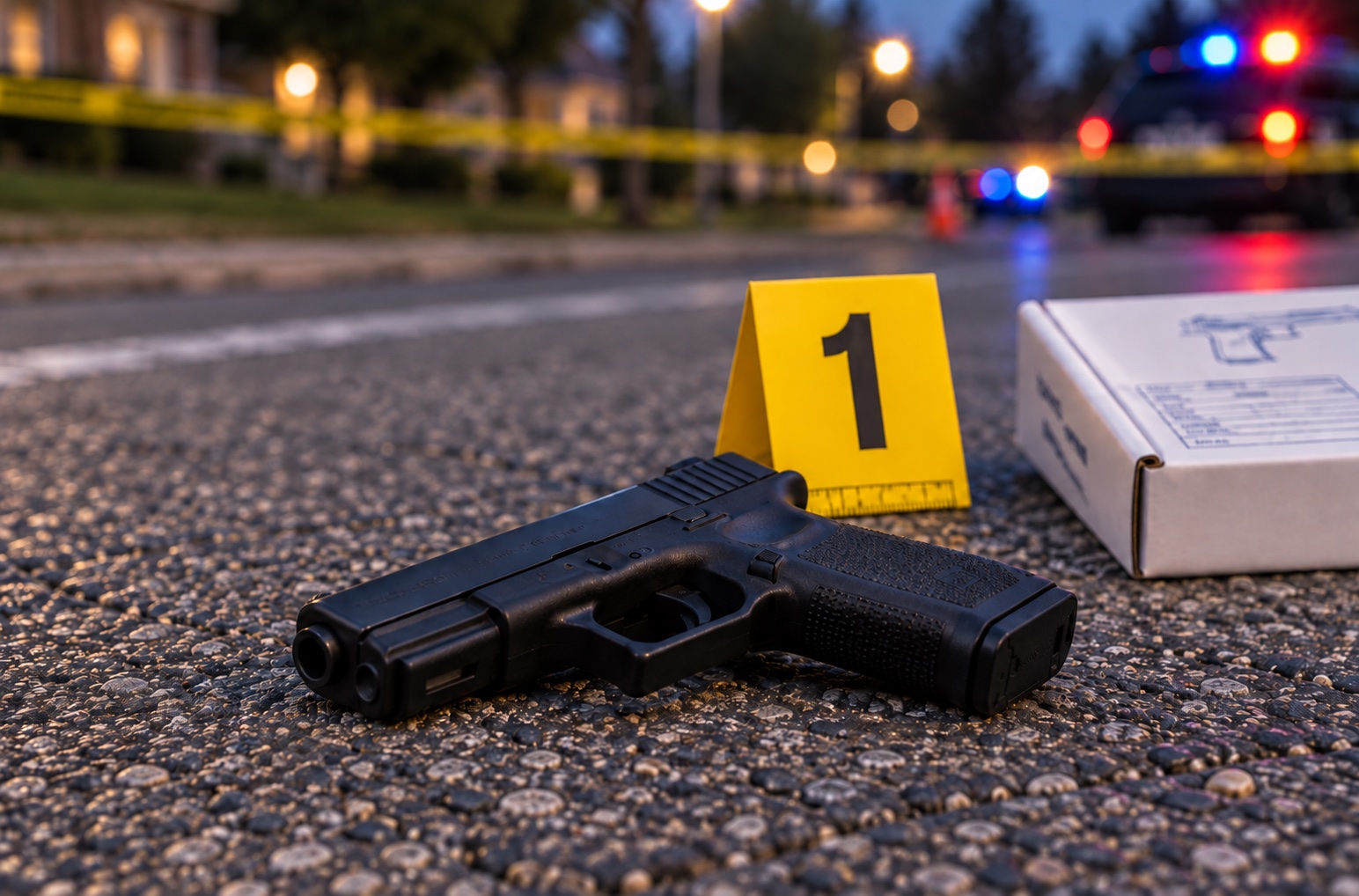 Close-up view of the 9 mm handgun beside evidence marker 1