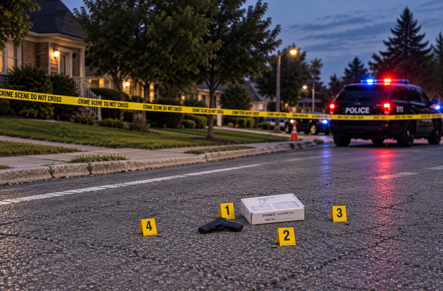 Distant view of a residential street crime scene with a 9 mm handgun beside marker 1