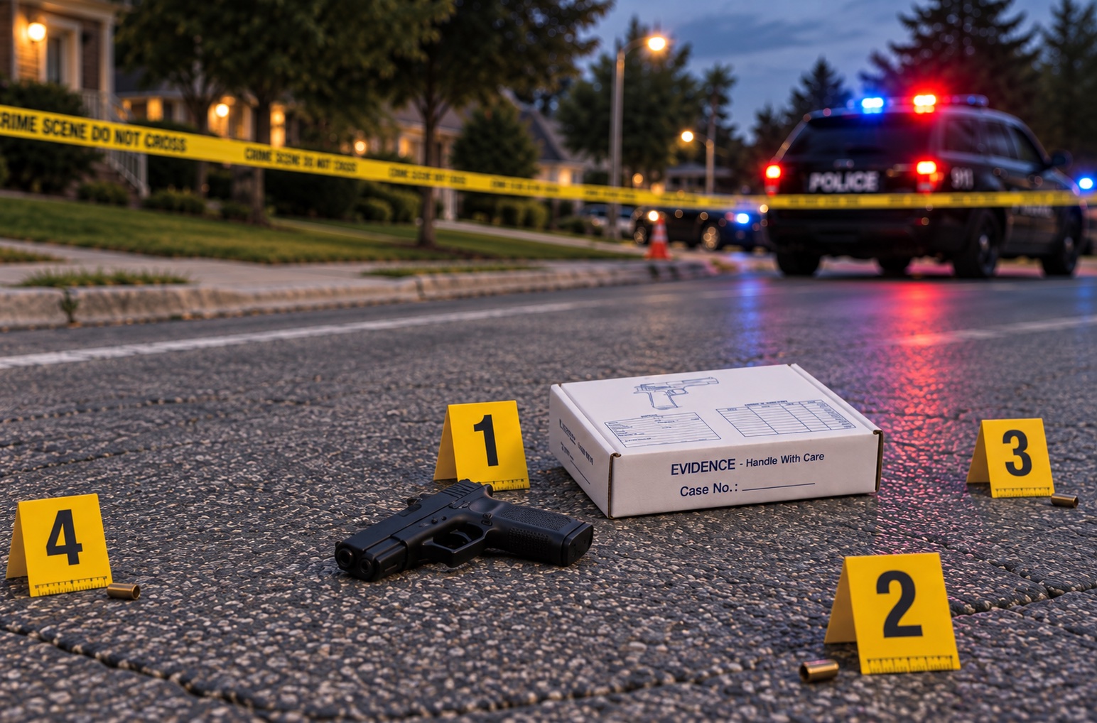 Mid-range view of the 9 mm handgun, marker 1, and firearm evidence box on the roadway